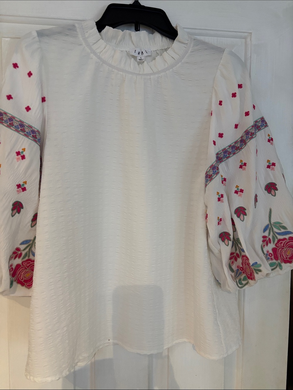 THML white Blouse with Pink & Green Embroidered Puff Sleeves - Picture 4 of 4